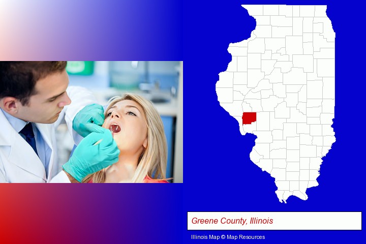a dentist examining teeth; Greene County, Illinois highlighted in red on a map