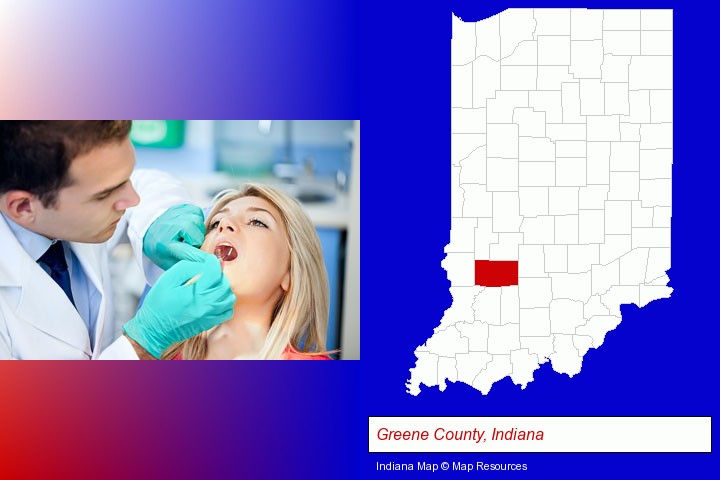 a dentist examining teeth; Greene County, Indiana highlighted in red on a map