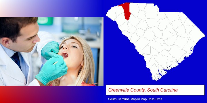 a dentist examining teeth; Greenville County, South Carolina highlighted in red on a map