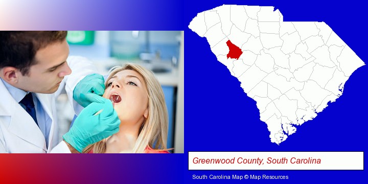 a dentist examining teeth; Greenwood County, South Carolina highlighted in red on a map