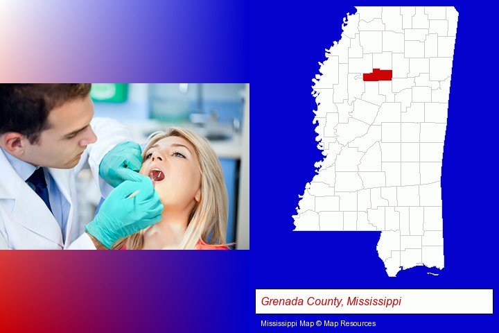 a dentist examining teeth; Grenada County, Mississippi highlighted in red on a map
