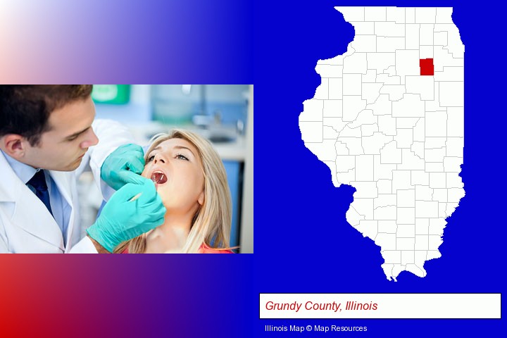 a dentist examining teeth; Grundy County, Illinois highlighted in red on a map