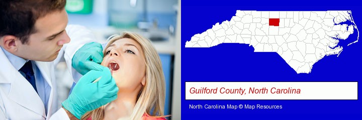 a dentist examining teeth; Guilford County, North Carolina highlighted in red on a map