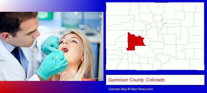 a dentist examining teeth; Gunnison County, Colorado highlighted in red on a map