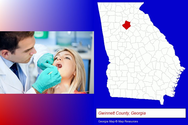 a dentist examining teeth; Gwinnett County, Georgia highlighted in red on a map