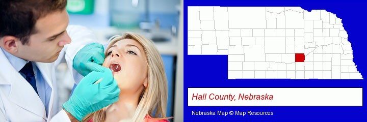 a dentist examining teeth; Hall County, Nebraska highlighted in red on a map