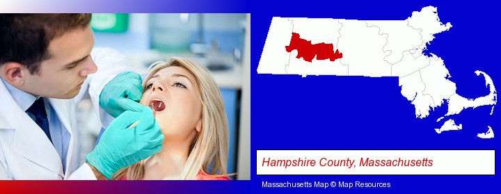 a dentist examining teeth; Hampshire County, Massachusetts highlighted in red on a map