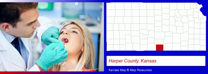 a dentist examining teeth; Harper County, Kansas highlighted in red on a map