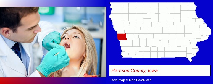 a dentist examining teeth; Harrison County, Iowa highlighted in red on a map