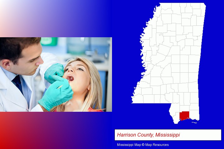 a dentist examining teeth; Harrison County, Mississippi highlighted in red on a map