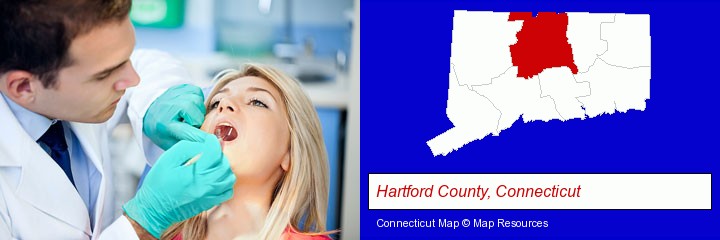 a dentist examining teeth; Hartford County, Connecticut highlighted in red on a map