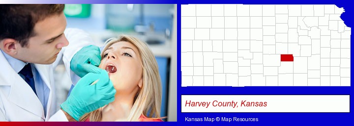 a dentist examining teeth; Harvey County, Kansas highlighted in red on a map