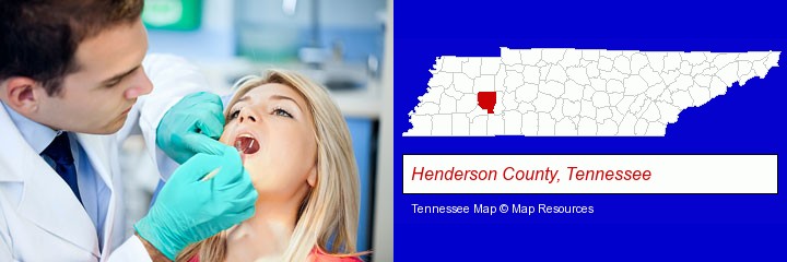 a dentist examining teeth; Henderson County, Tennessee highlighted in red on a map