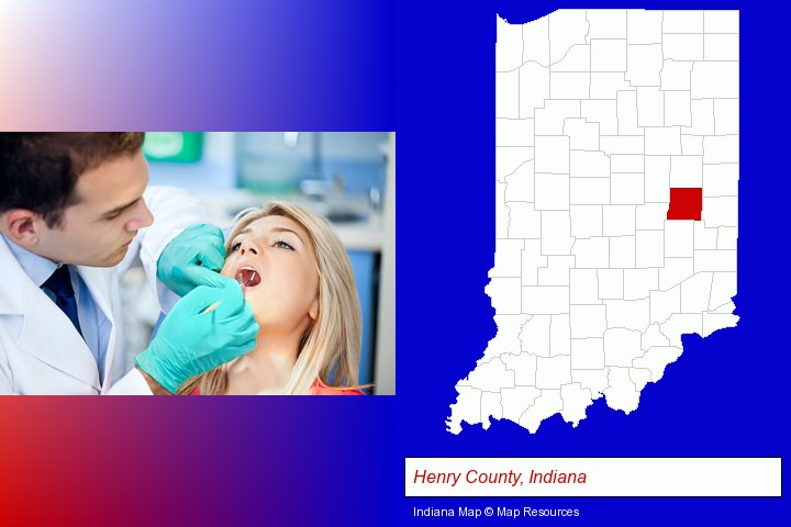 a dentist examining teeth; Henry County, Indiana highlighted in red on a map