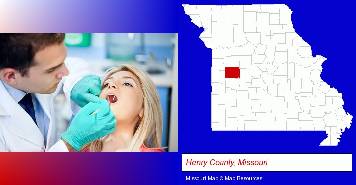 a dentist examining teeth; Henry County, Missouri highlighted in red on a map