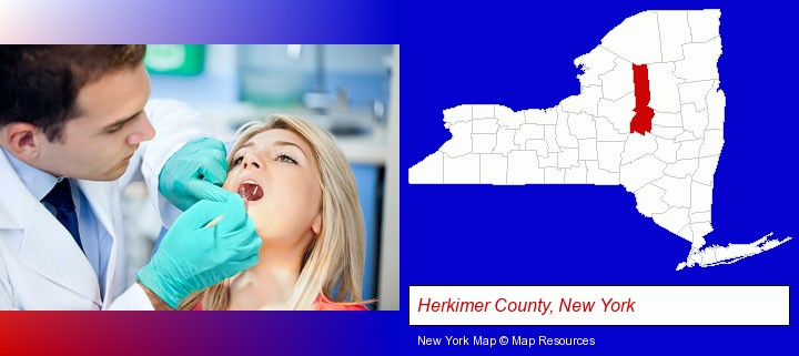 a dentist examining teeth; Herkimer County, New York highlighted in red on a map