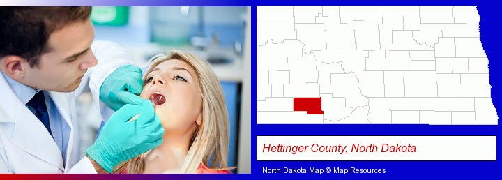 a dentist examining teeth; Hettinger County, North Dakota highlighted in red on a map