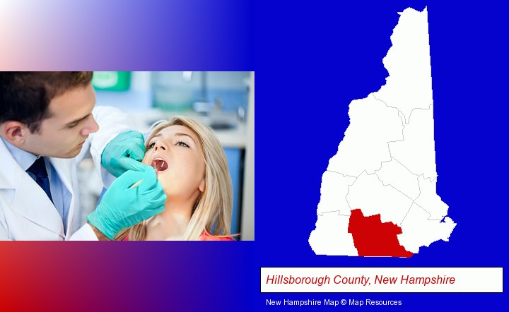 a dentist examining teeth; Hillsborough County, New Hampshire highlighted in red on a map