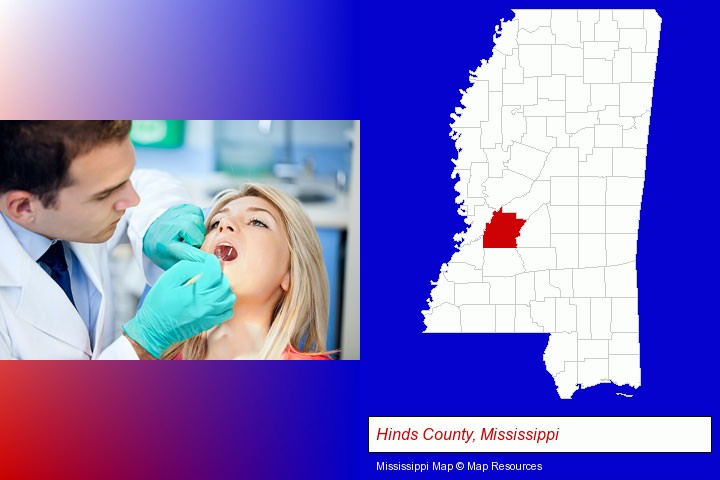 a dentist examining teeth; Hinds County, Mississippi highlighted in red on a map