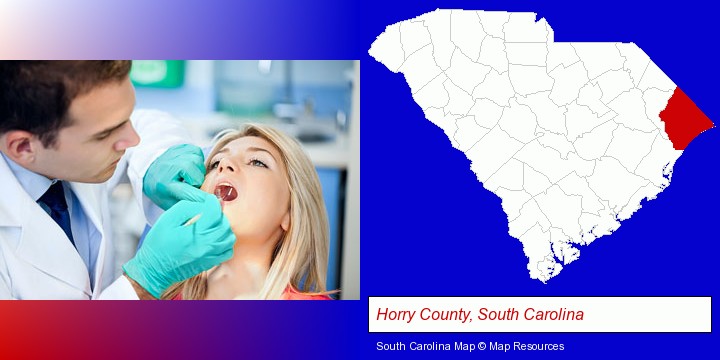 a dentist examining teeth; Horry County, South Carolina highlighted in red on a map