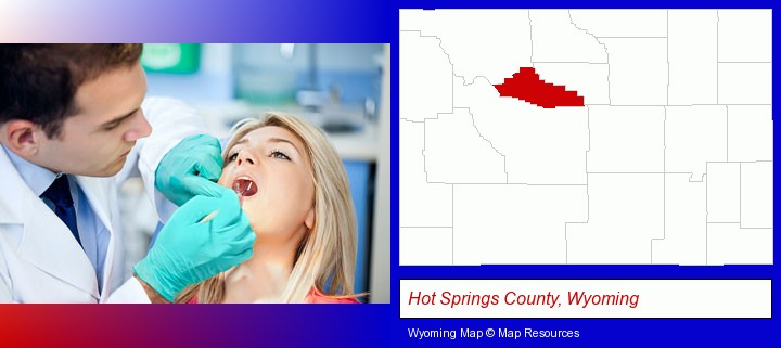 a dentist examining teeth; Hot Springs County, Wyoming highlighted in red on a map