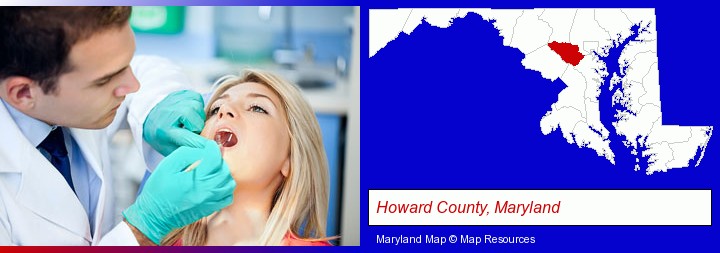 a dentist examining teeth; Howard County, Maryland highlighted in red on a map