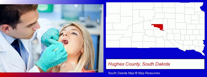 a dentist examining teeth; Hughes County, South Dakota highlighted in red on a map