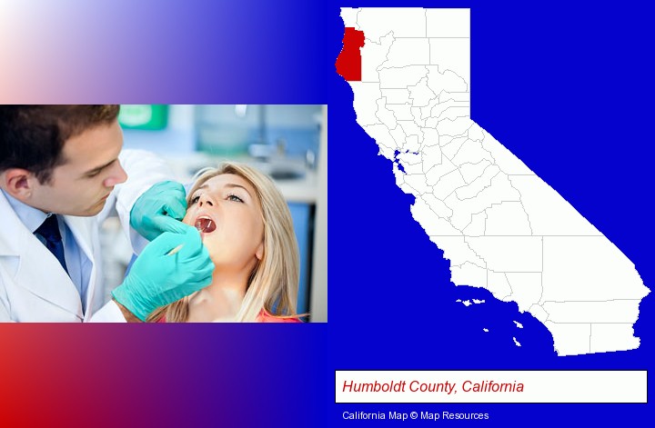 a dentist examining teeth; Humboldt County, California highlighted in red on a map