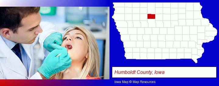 a dentist examining teeth; Humboldt County, Iowa highlighted in red on a map