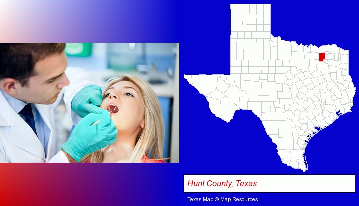 a dentist examining teeth; Hunt County, Texas highlighted in red on a map
