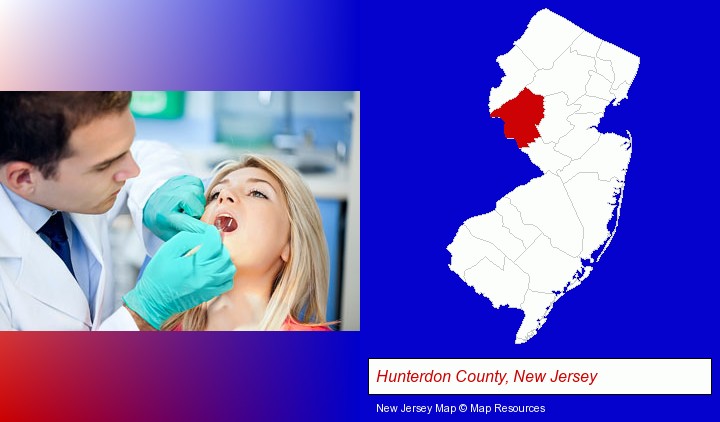 a dentist examining teeth; Hunterdon County, New Jersey highlighted in red on a map