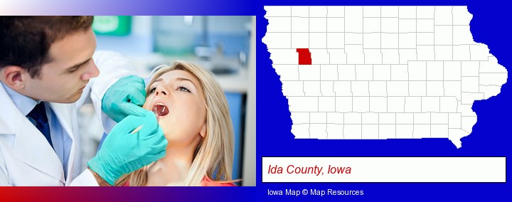 a dentist examining teeth; Ida County, Iowa highlighted in red on a map