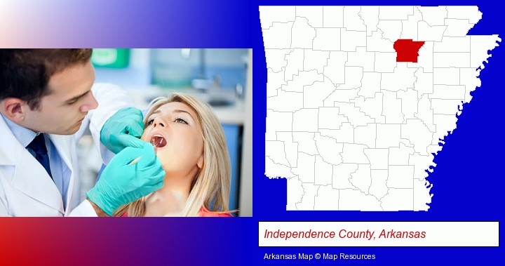 a dentist examining teeth; Independence County, Arkansas highlighted in red on a map
