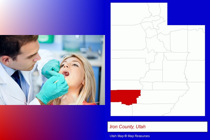 a dentist examining teeth; Iron County, Utah highlighted in red on a map