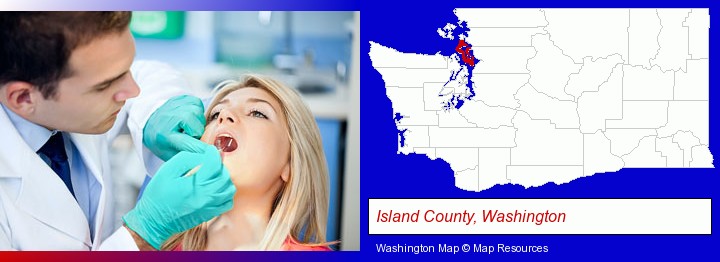 a dentist examining teeth; Island County, Washington highlighted in red on a map
