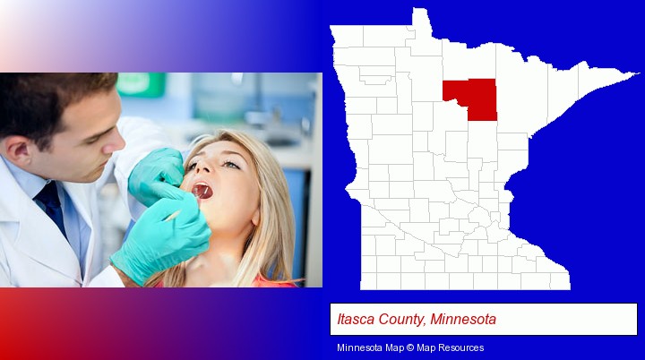 a dentist examining teeth; Itasca County, Minnesota highlighted in red on a map