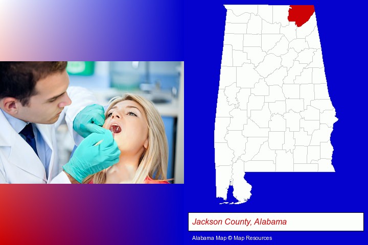 a dentist examining teeth; Jackson County, Alabama highlighted in red on a map