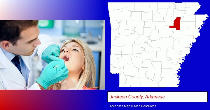 a dentist examining teeth; Jackson County, Arkansas highlighted in red on a map