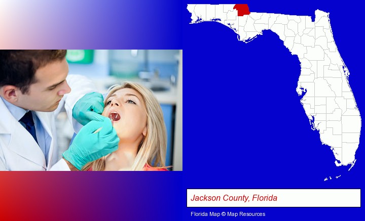 a dentist examining teeth; Jackson County, Florida highlighted in red on a map