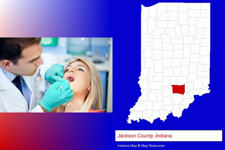 a dentist examining teeth; Jackson County, Indiana highlighted in red on a map