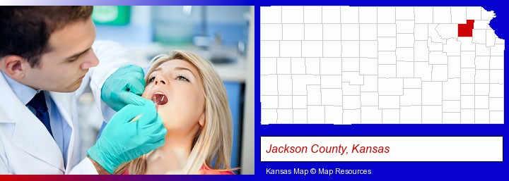 a dentist examining teeth; Jackson County, Kansas highlighted in red on a map