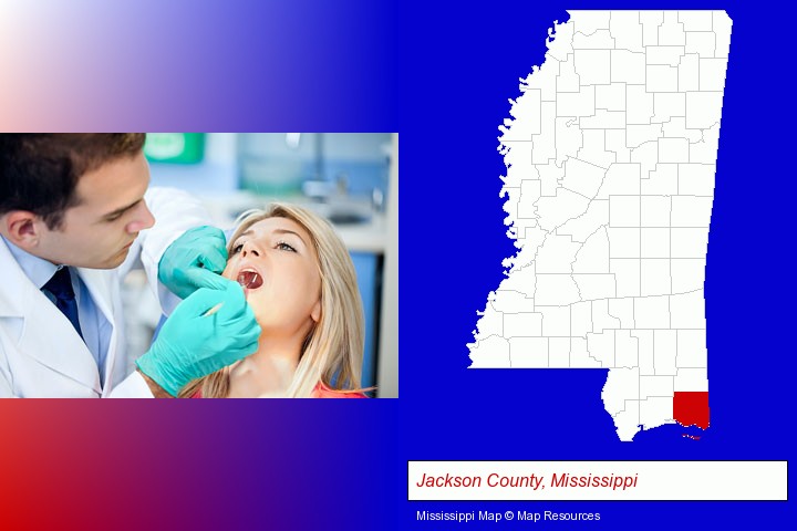 a dentist examining teeth; Jackson County, Mississippi highlighted in red on a map