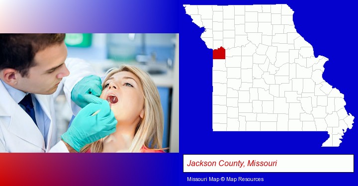 a dentist examining teeth; Jackson County, Missouri highlighted in red on a map