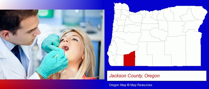 a dentist examining teeth; Jackson County, Oregon highlighted in red on a map