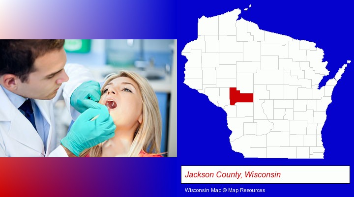 a dentist examining teeth; Jackson County, Wisconsin highlighted in red on a map