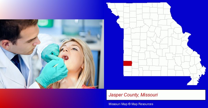 a dentist examining teeth; Jasper County, Missouri highlighted in red on a map
