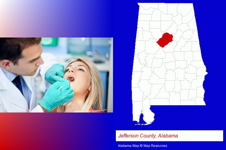 a dentist examining teeth; Jefferson County, Alabama highlighted in red on a map