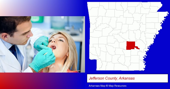 a dentist examining teeth; Jefferson County, Arkansas highlighted in red on a map
