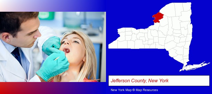 a dentist examining teeth; Jefferson County, New York highlighted in red on a map