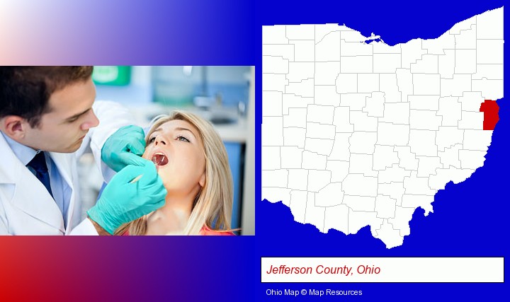 a dentist examining teeth; Jefferson County, Ohio highlighted in red on a map
